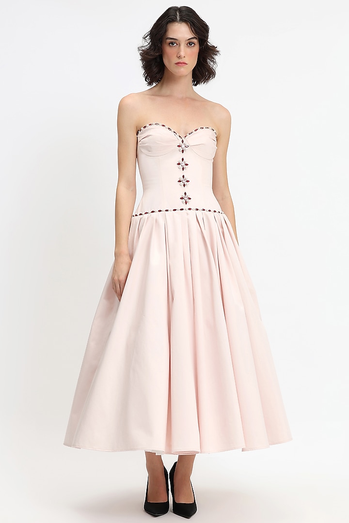 Light Pink Cotton Crystal Embroidered Corseted Maxi Dress by Gauri And Nainika at Pernia's Pop Up Shop