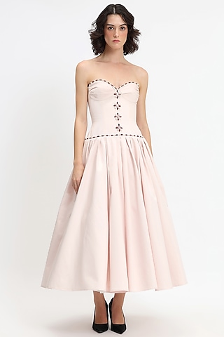 Light Pink Cotton Crystal Embroidered Corseted Maxi Dress by Gauri And Nainika