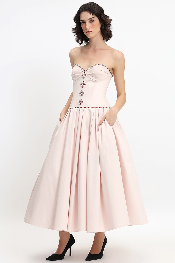 Light Pink Cotton Crystal Embroidered Corseted Maxi Party Wear Dress by Gauri And Nainika at Pernia's Pop Up Shop