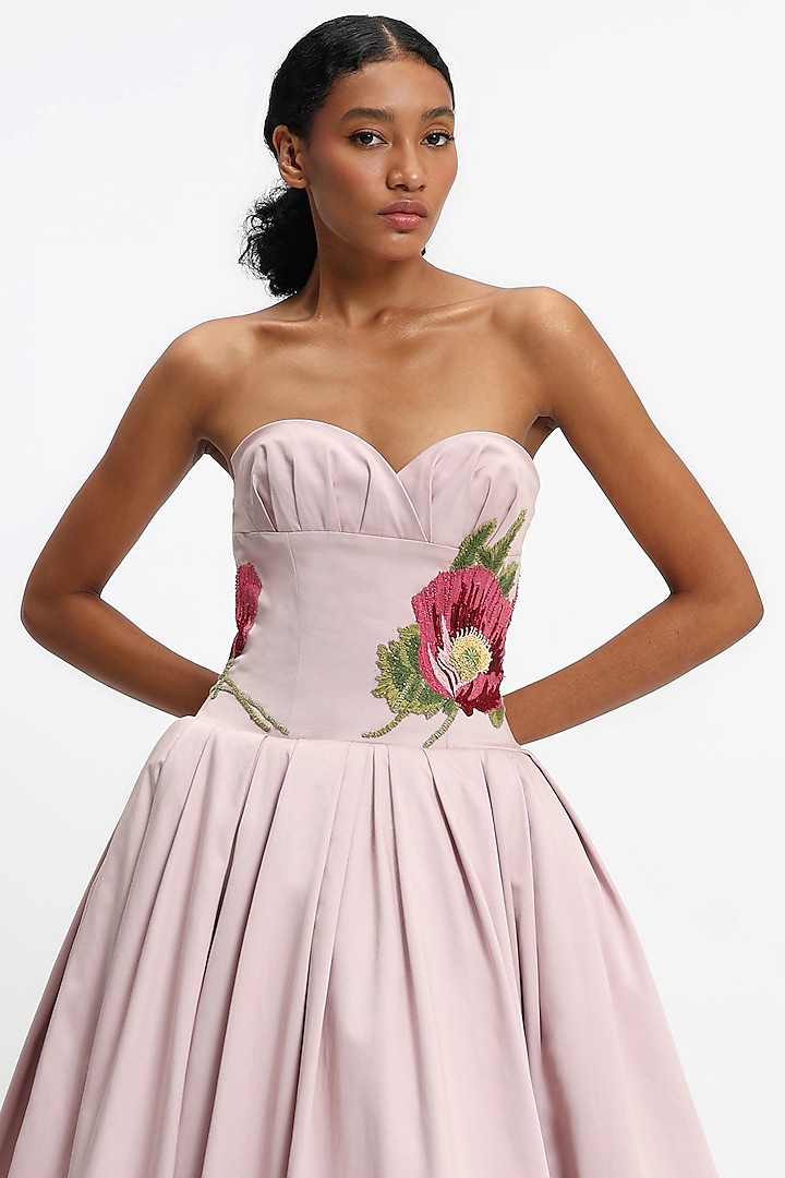 Mauve Cotton Botanical Embroidered Corseted Maxi Party Wear Dress by Gauri And Nainika at Pernia's Pop Up Shop