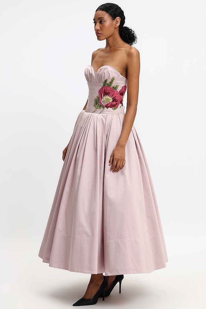 Mauve Cotton Botanical Embroidered Corseted Maxi Party Wear Dress by Gauri And Nainika at Pernia's Pop Up Shop