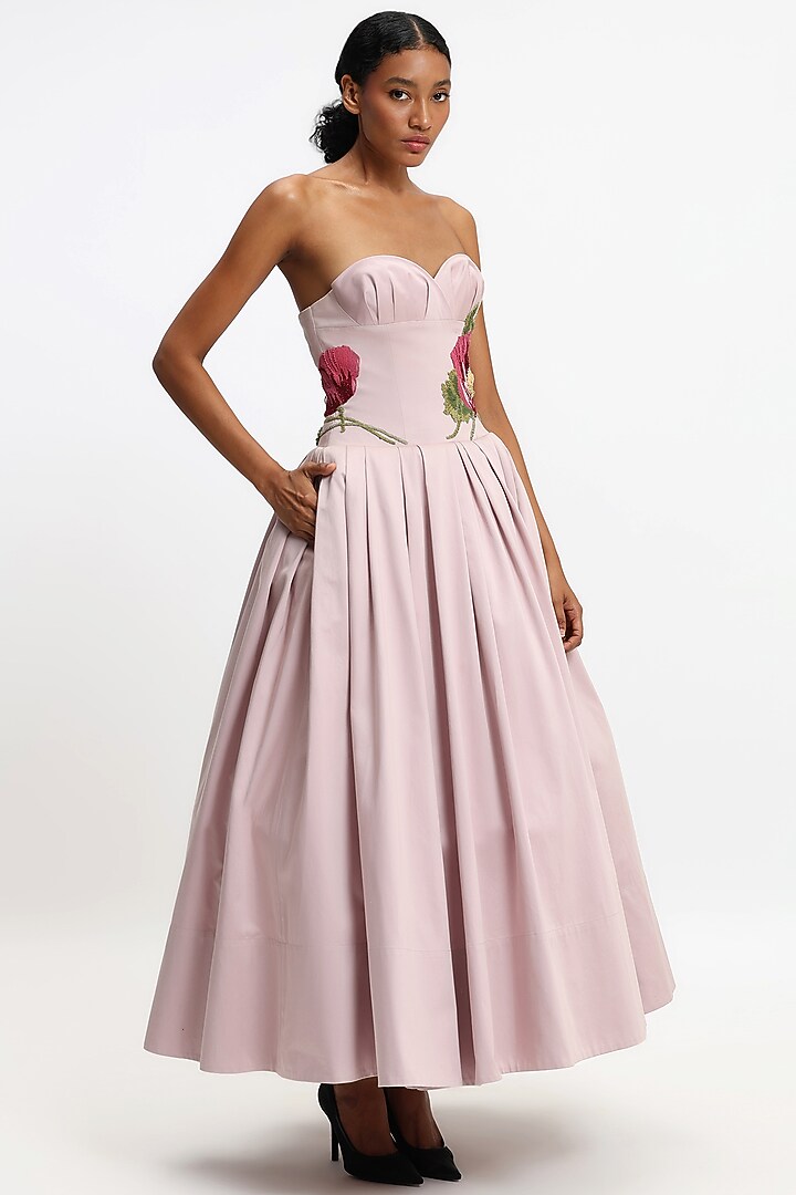 Mauve Cotton Botanical Embroidered Corseted Maxi Party Wear Dress by Gauri And Nainika at Pernia's Pop Up Shop