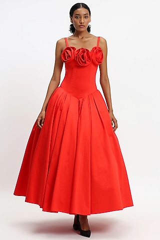 Scarlet Red Cotton Corset Maxi Dress by Gauri And Nainika