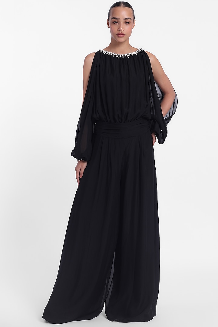 Black Chiffon Flowy Jumpsuit by Gauri And Nainika at Pernia's Pop Up Shop