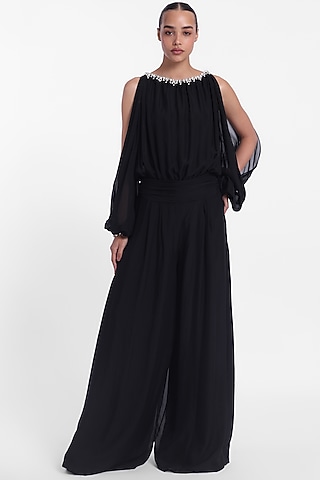 Black Chiffon Flowy Jumpsuit by Gauri And Nainika