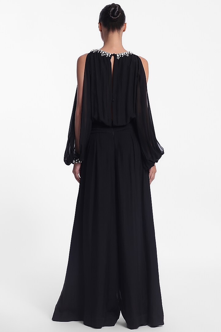 Black Chiffon Flowy Jumpsuit by Gauri And Nainika at Pernia's Pop Up Shop