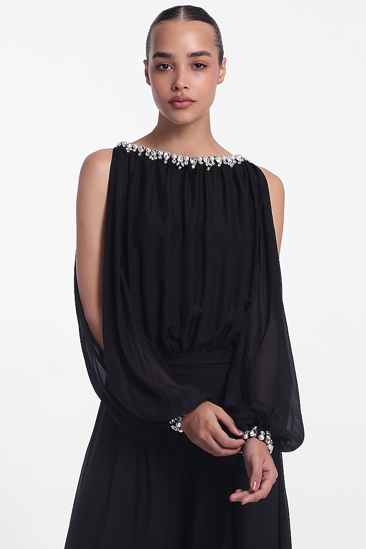 Black Chiffon Flowy Jumpsuit by Gauri And Nainika at Pernia's Pop Up Shop