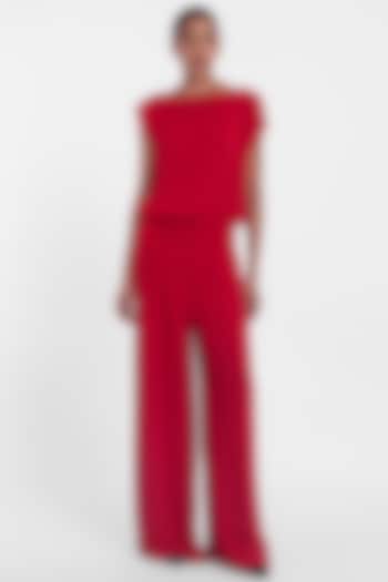 Red Crepe Georgette Drop-Waisted Jumpsuit by Gauri And Nainika at Pernia's Pop Up Shop