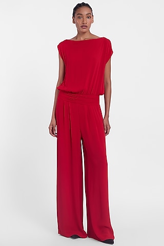 Red Crepe Georgette Drop-Waisted Jumpsuit by Gauri And Nainika