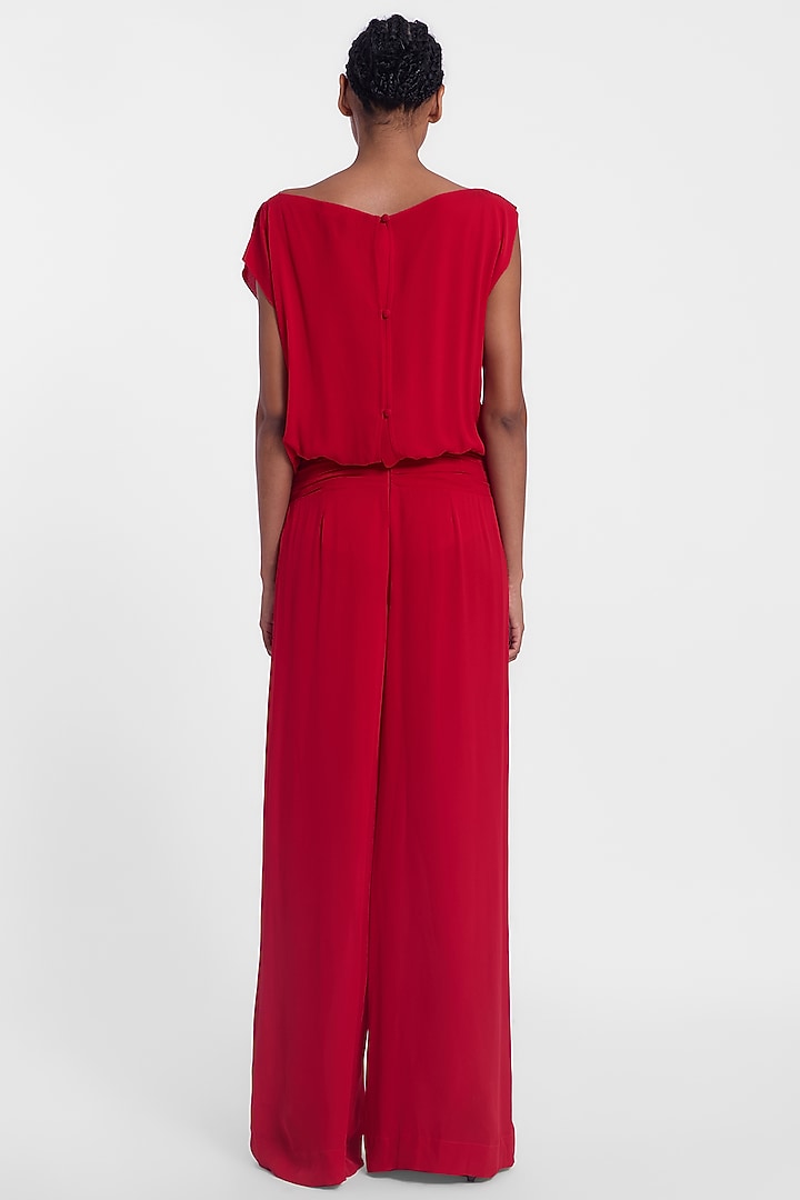 Red Crepe Georgette Drop-Waisted Jumpsuit by Gauri And Nainika at Pernia's Pop Up Shop