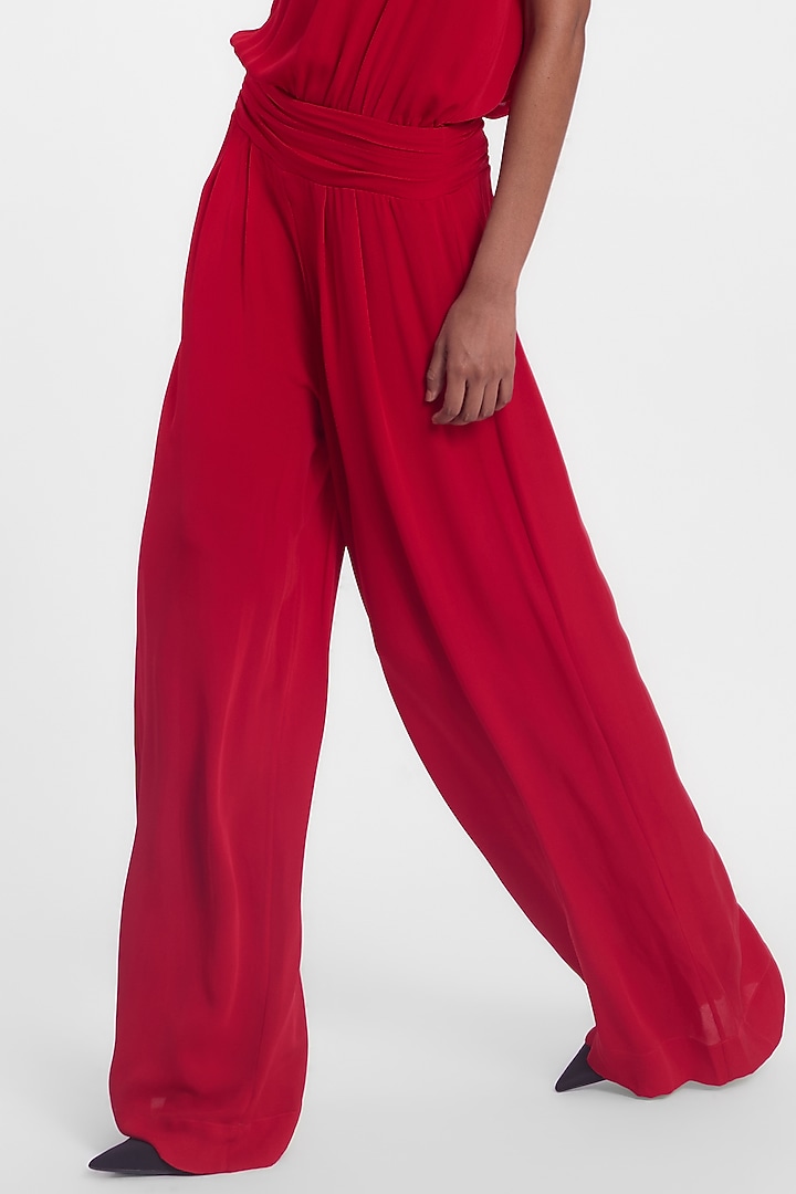 Red Crepe Georgette Drop-Waisted Jumpsuit by Gauri And Nainika at Pernia's Pop Up Shop