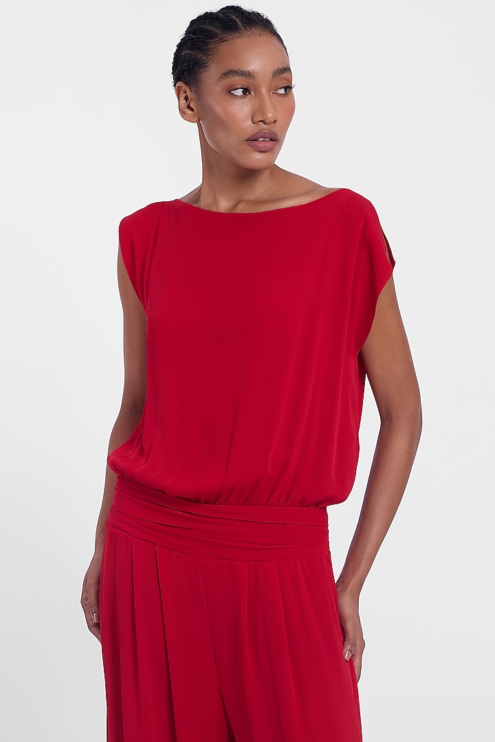 Red Crepe Georgette Drop-Waisted Jumpsuit by Gauri And Nainika at Pernia's Pop Up Shop