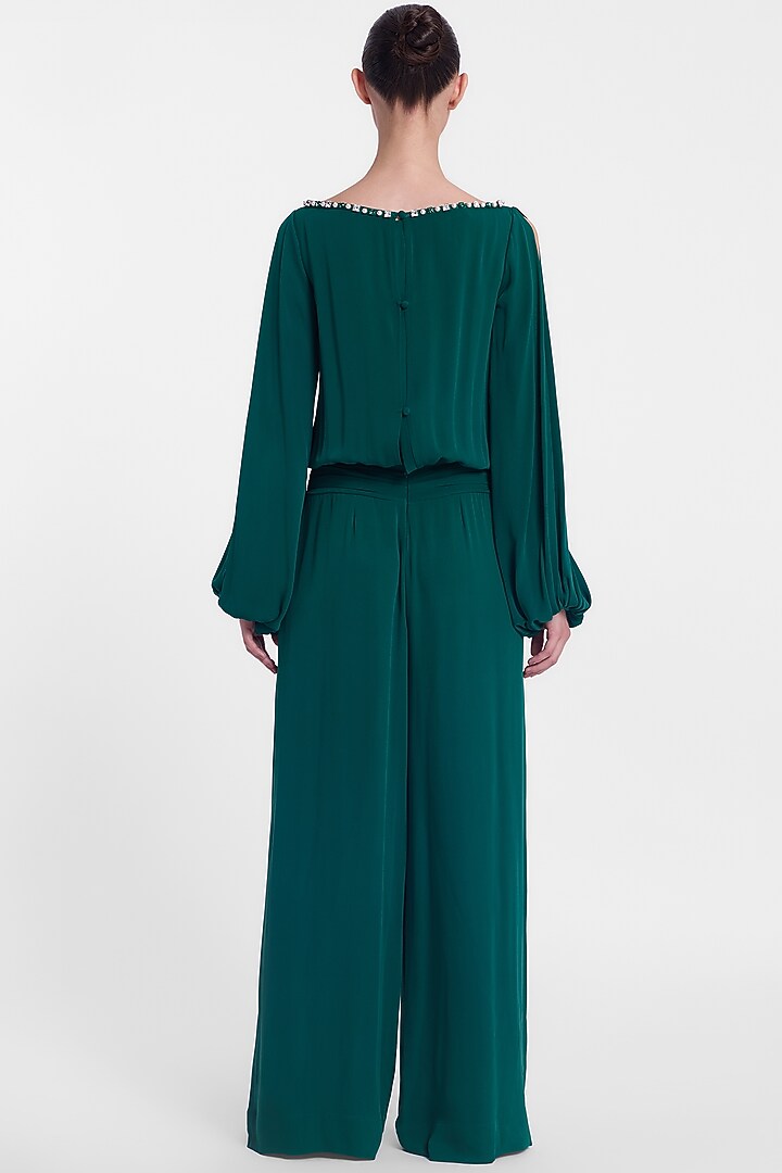 Bottle Green Crepe Georgette Jumpsuit by Gauri And Nainika at Pernia's Pop Up Shop