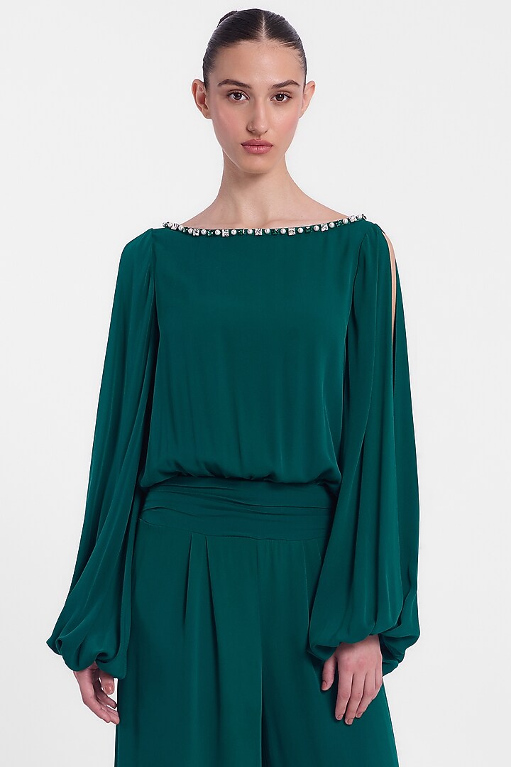 Bottle Green Crepe Georgette Jumpsuit by Gauri And Nainika at Pernia's Pop Up Shop