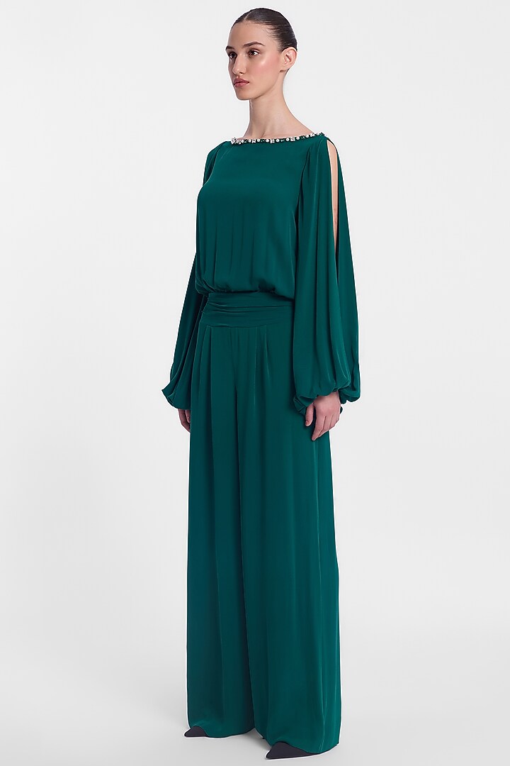 Bottle Green Crepe Georgette Jumpsuit by Gauri And Nainika at Pernia's Pop Up Shop