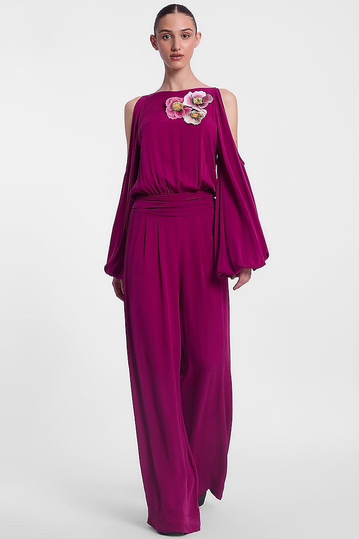 Magenta Crepe Georgette Floral Hand Embroidered Jumpsuit by Gauri And Nainika at Pernia's Pop Up Shop