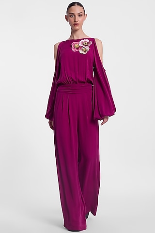 Magenta Crepe Georgette Floral Hand Embroidered Jumpsuit by Gauri And Nainika