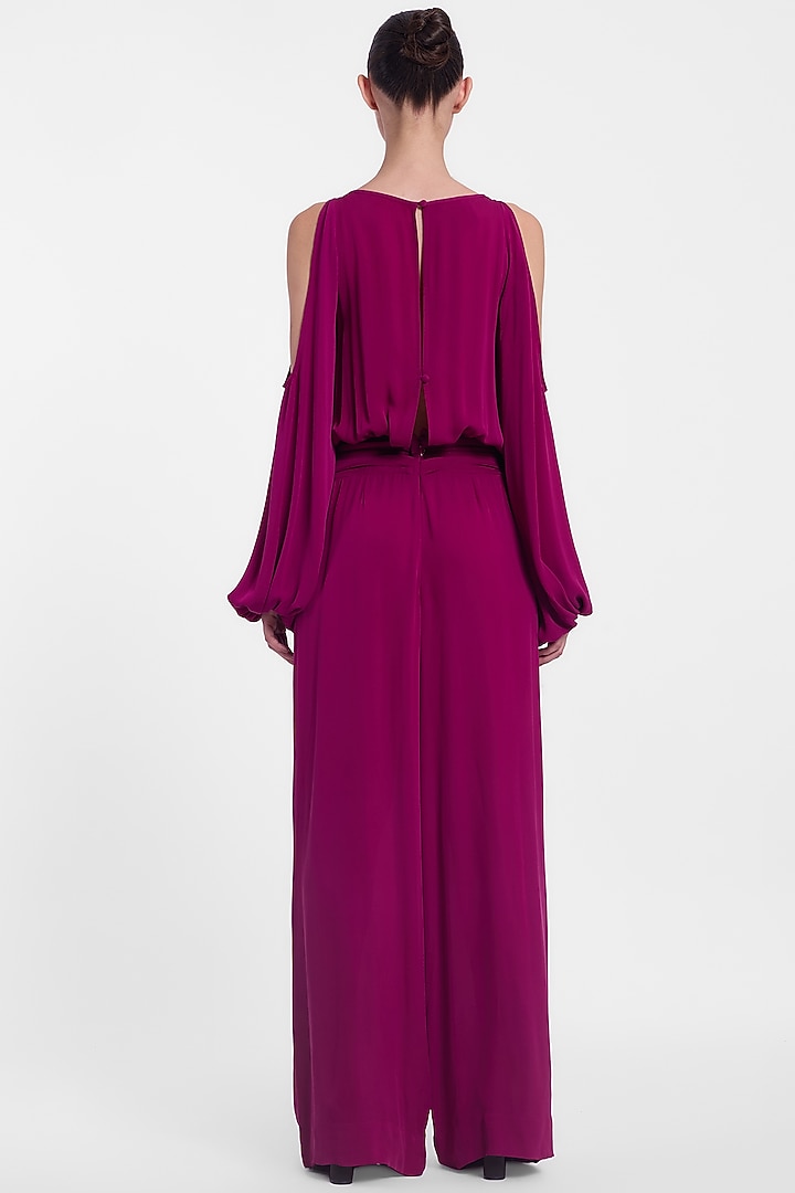 Magenta Crepe Georgette Floral Hand Embroidered Jumpsuit by Gauri And Nainika at Pernia's Pop Up Shop