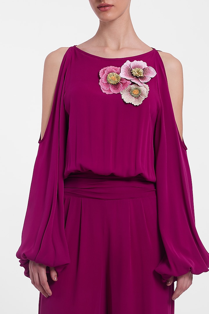 Magenta Crepe Georgette Floral Hand Embroidered Jumpsuit by Gauri And Nainika at Pernia's Pop Up Shop