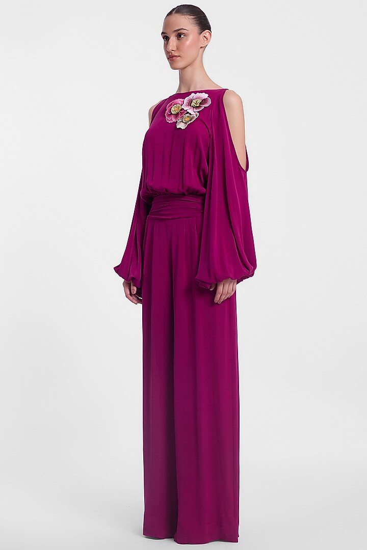 Magenta Crepe Georgette Floral Hand Embroidered Jumpsuit by Gauri And Nainika at Pernia's Pop Up Shop