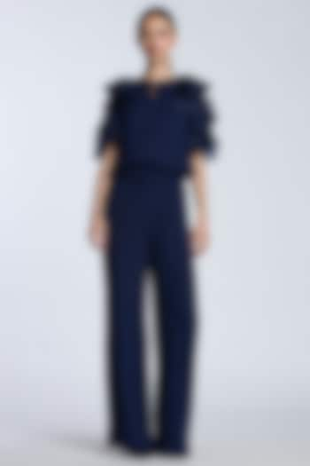 Navy Blue Crepe Georgette Ruffled Jumpsuit by Gauri And Nainika at Pernia's Pop Up Shop