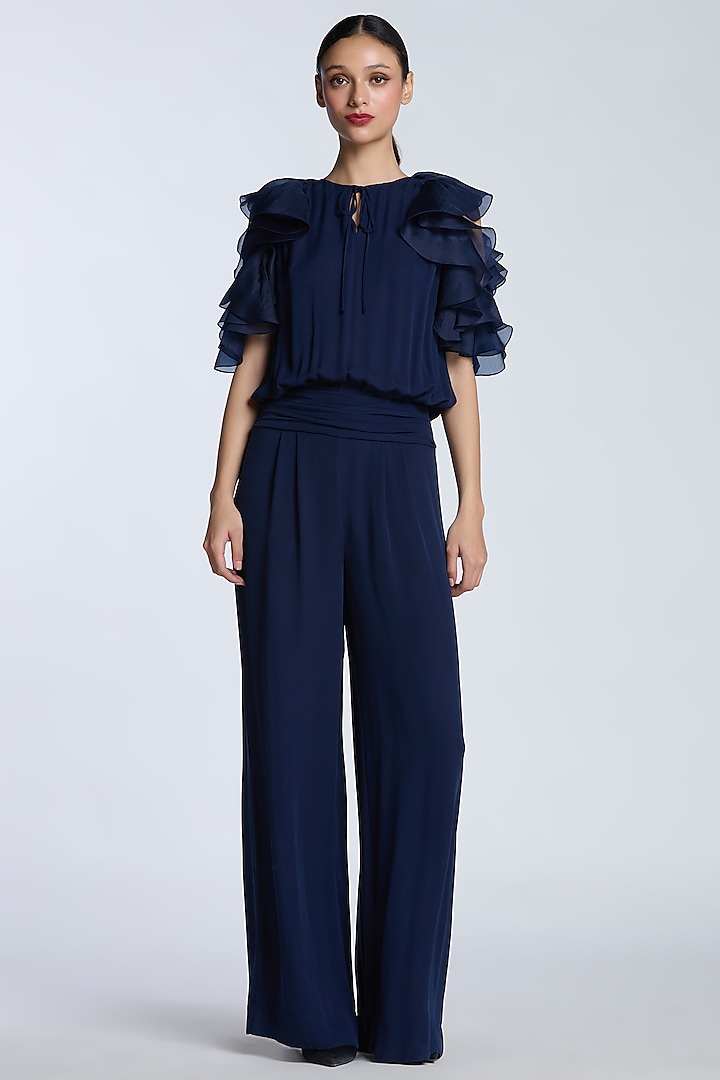 Navy Blue Crepe Georgette Ruffled Jumpsuit by Gauri And Nainika at Pernia's Pop Up Shop