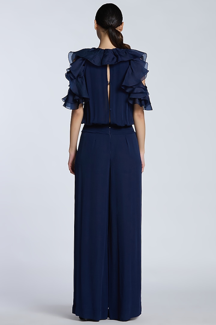 Navy Blue Crepe Georgette Ruffled Jumpsuit by Gauri And Nainika at Pernia's Pop Up Shop