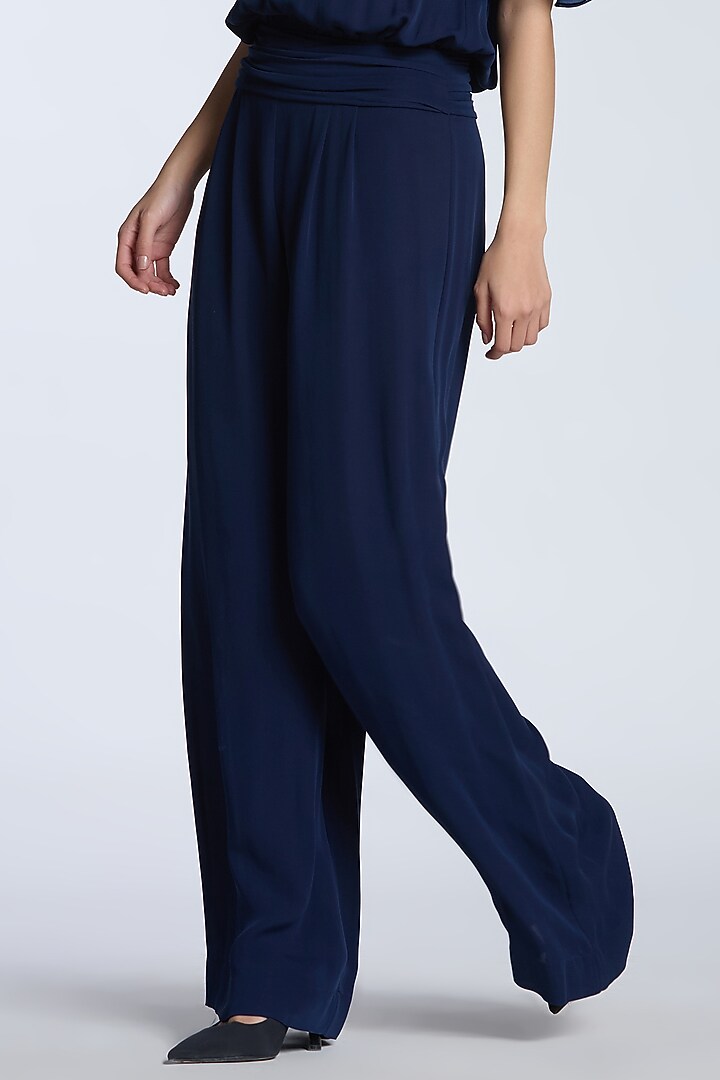 Navy Blue Crepe Georgette Ruffled Jumpsuit by Gauri And Nainika at Pernia's Pop Up Shop
