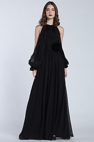 Black Pure Chiffon Halter Neck Jumpsuit by Gauri And Nainika