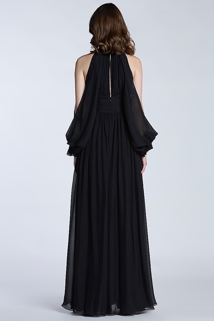 Black Pure Chiffon Halter Neck Jumpsuit by Gauri And Nainika at Pernia's Pop Up Shop