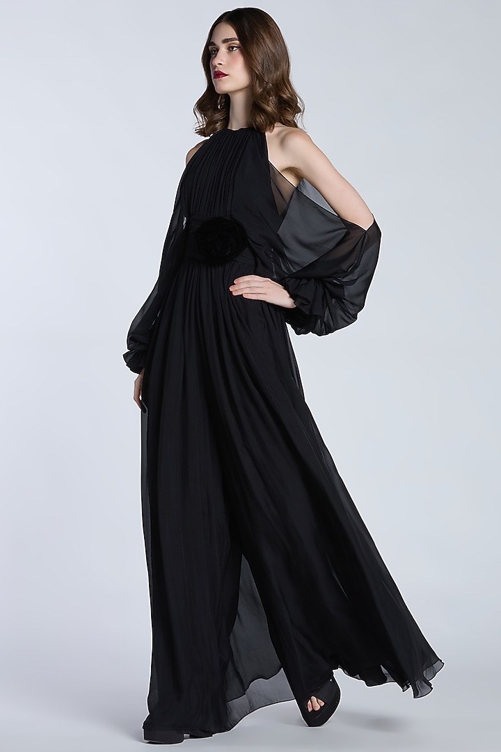 Black Pure Chiffon Halter Neck Jumpsuit by Gauri And Nainika at Pernia's Pop Up Shop