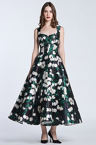Multi-Colored Mikado Panelled Floral Printed Midi Dress by Gauri And Nainika