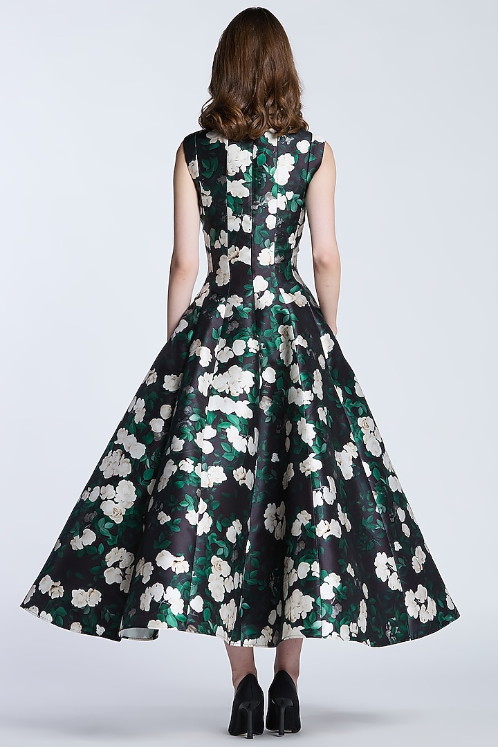 Multi-Colored Mikado Panelled Floral Printed Midi Party Wear Dress by Gauri And Nainika at Pernia's Pop Up Shop