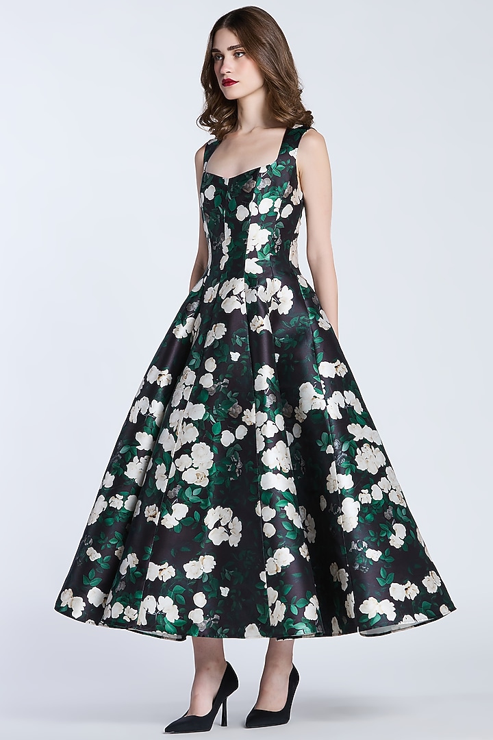 Multi-Colored Mikado Panelled Floral Printed Midi Party Wear Dress by Gauri And Nainika at Pernia's Pop Up Shop
