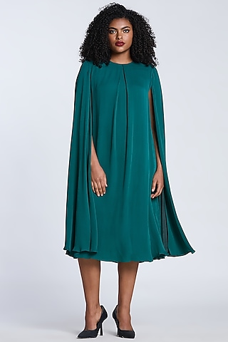 Green Crepe Pleated Trapeze Dress by Gauri And Nainika