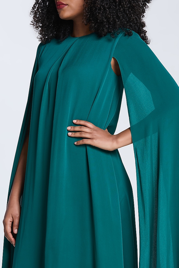 Green Crepe Pleated Trapeze Party Wear Dress by Gauri And Nainika at Pernia's Pop Up Shop