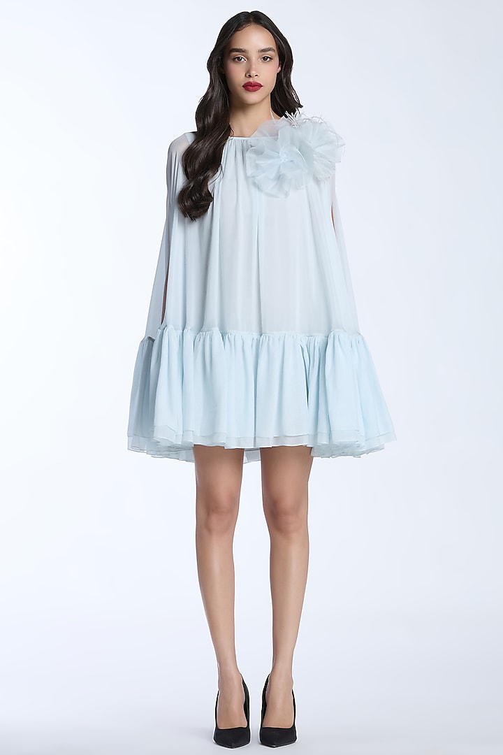 Light Blue Pure Chiffon Trapeze Dress by Gauri And Nainika at Pernia's Pop Up Shop