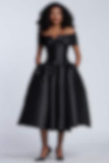 Black Mikado Off-Shoulder Midi Dress by Gauri And Nainika at Pernia's Pop Up Shop