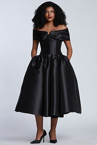 Black Mikado Off-Shoulder Midi Dress by Gauri And Nainika