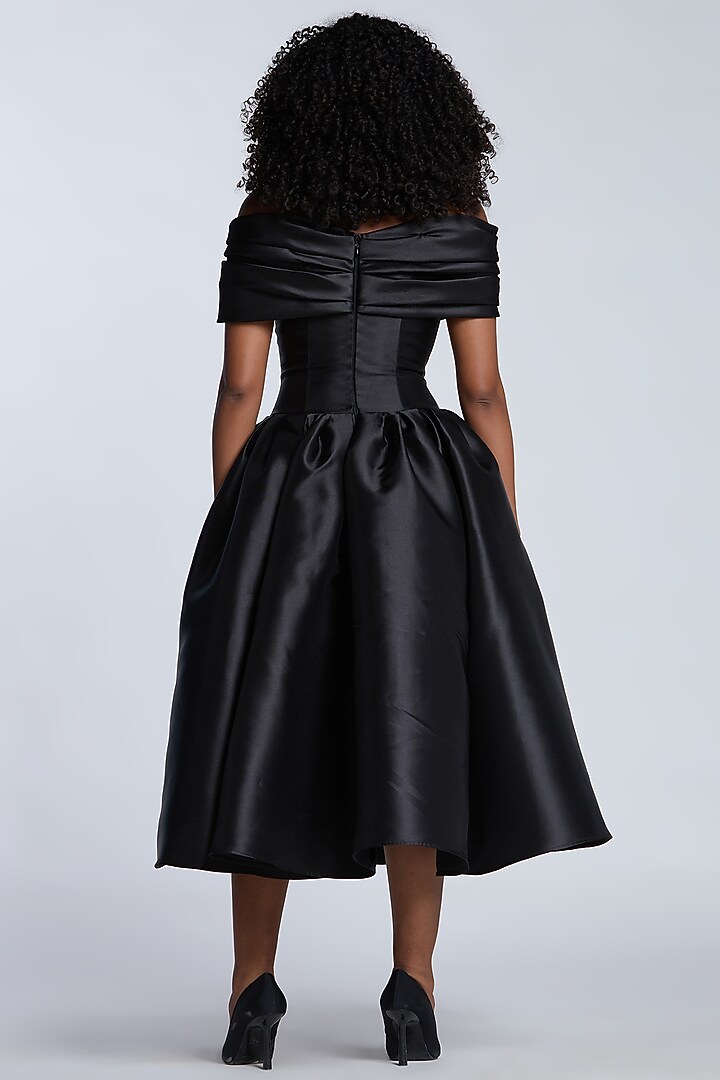 Black Mikado Off-Shoulder Midi Party Wear Dress by Gauri And Nainika at Pernia's Pop Up Shop