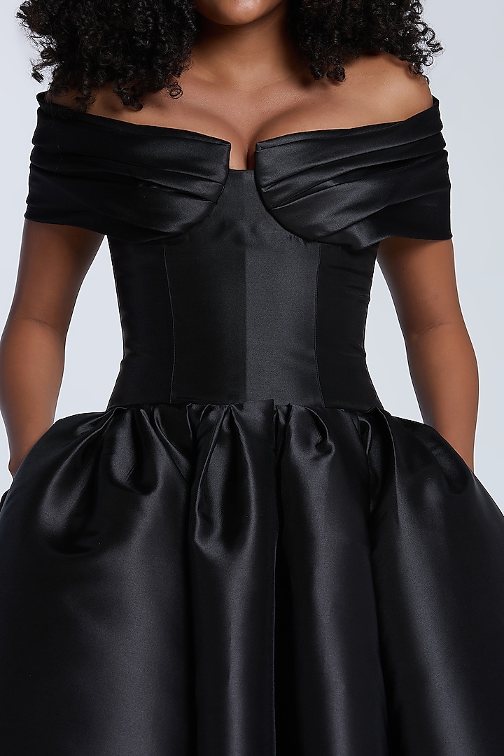 Black Mikado Off-Shoulder Midi Party Wear Dress by Gauri And Nainika at Pernia's Pop Up Shop