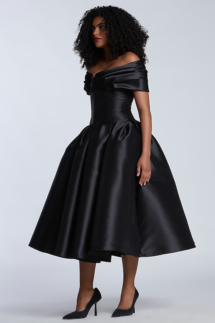Black Mikado Off-Shoulder Midi Party Wear Dress by Gauri And Nainika at Pernia's Pop Up Shop