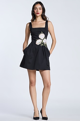 Black Cotton Botanical Thread Embroidered Mini Dress by Gauri And Nainika