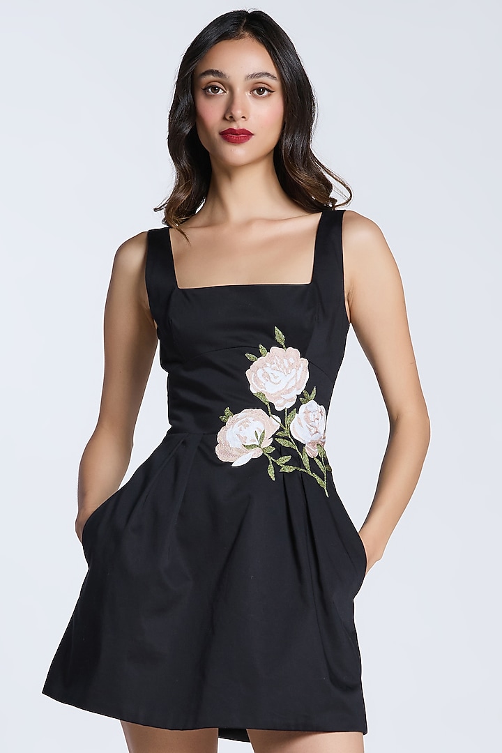 Black Cotton Botanical Thread Embroidered Mini Party Wear Dress by Gauri And Nainika at Pernia's Pop Up Shop