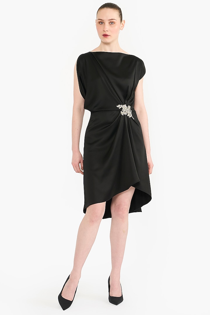 Black Satin Draped Mini Cocktail Dress by Gauri And Nainika at Pernia's Pop Up Shop