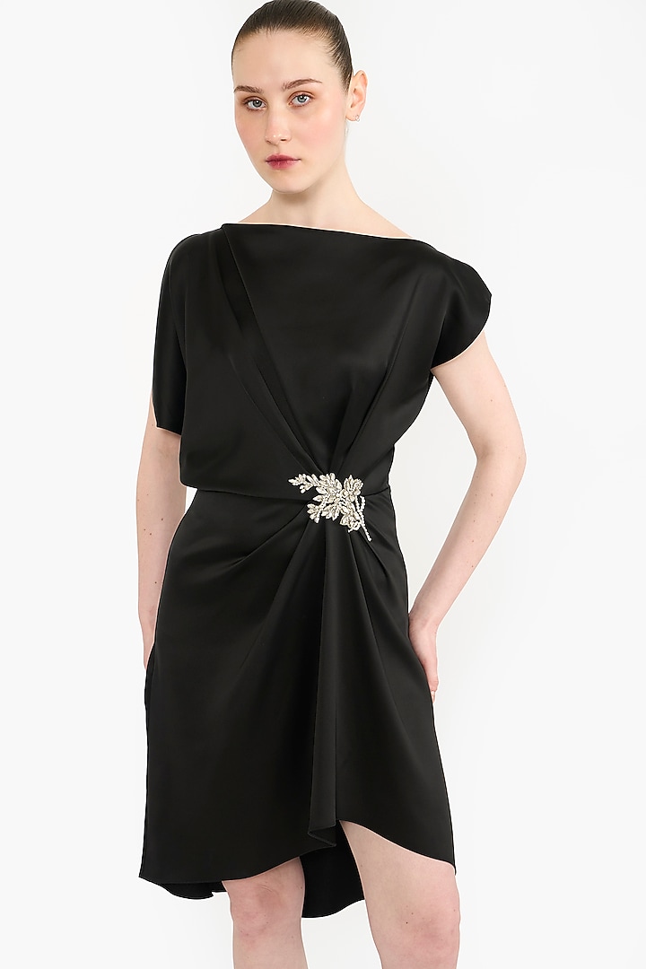 Black Satin Draped Mini Cocktail Dress by Gauri And Nainika at Pernia's Pop Up Shop
