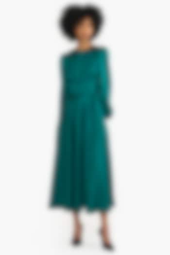 Emerald Green Satin Puff Sleeves Midi Cocktail Dress by Gauri And Nainika at Pernia's Pop Up Shop