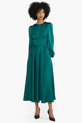Emerald Green Satin Puff Sleeves Midi Dress by Gauri And Nainika