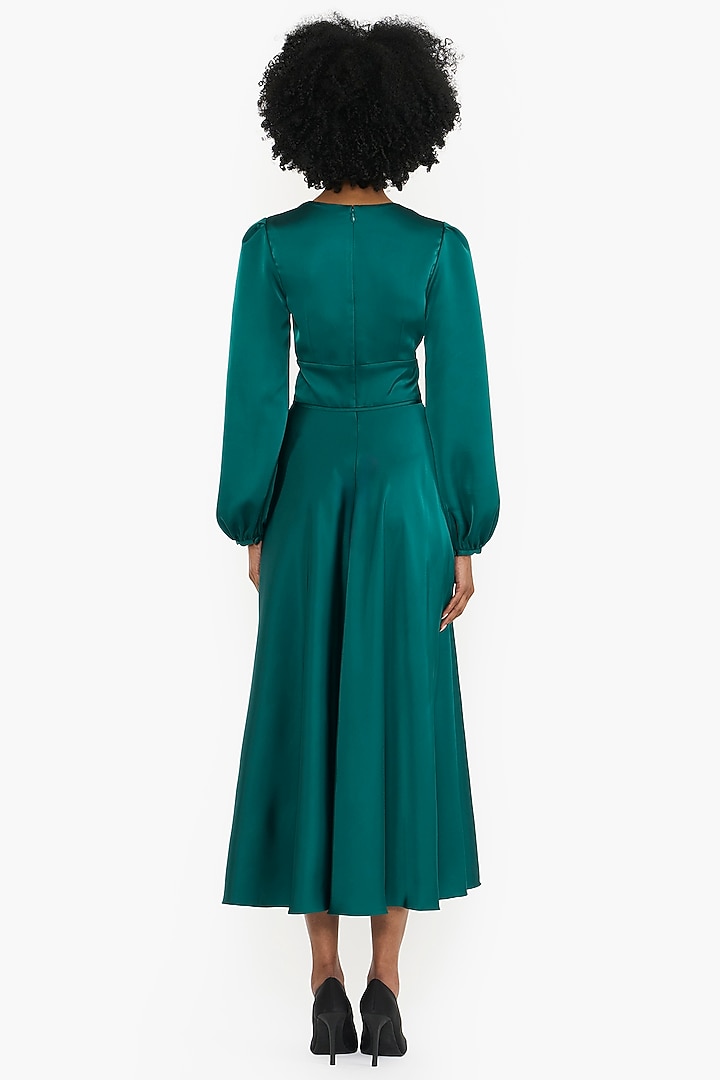 Emerald Green Satin Puff Sleeves Midi Cocktail Dress by Gauri And Nainika at Pernia's Pop Up Shop