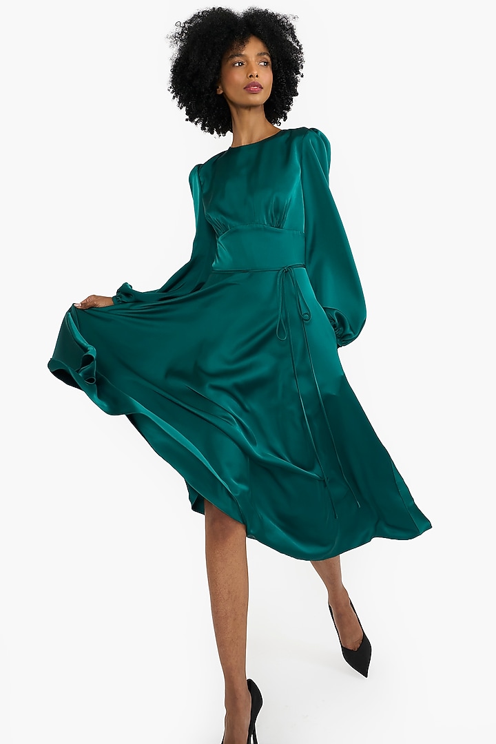 Emerald Green Satin Puff Sleeves Midi Cocktail Dress by Gauri And Nainika at Pernia's Pop Up Shop